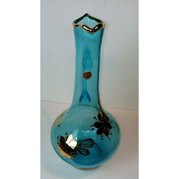 Aqua Blue Romanian Glass Decanter With Gold Floral Design & Handle - Picture 5 of 12